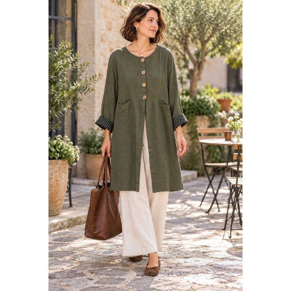 Cut Loose 100% Linen Button Front Olive Green Long Jacket sz. L Minimalist